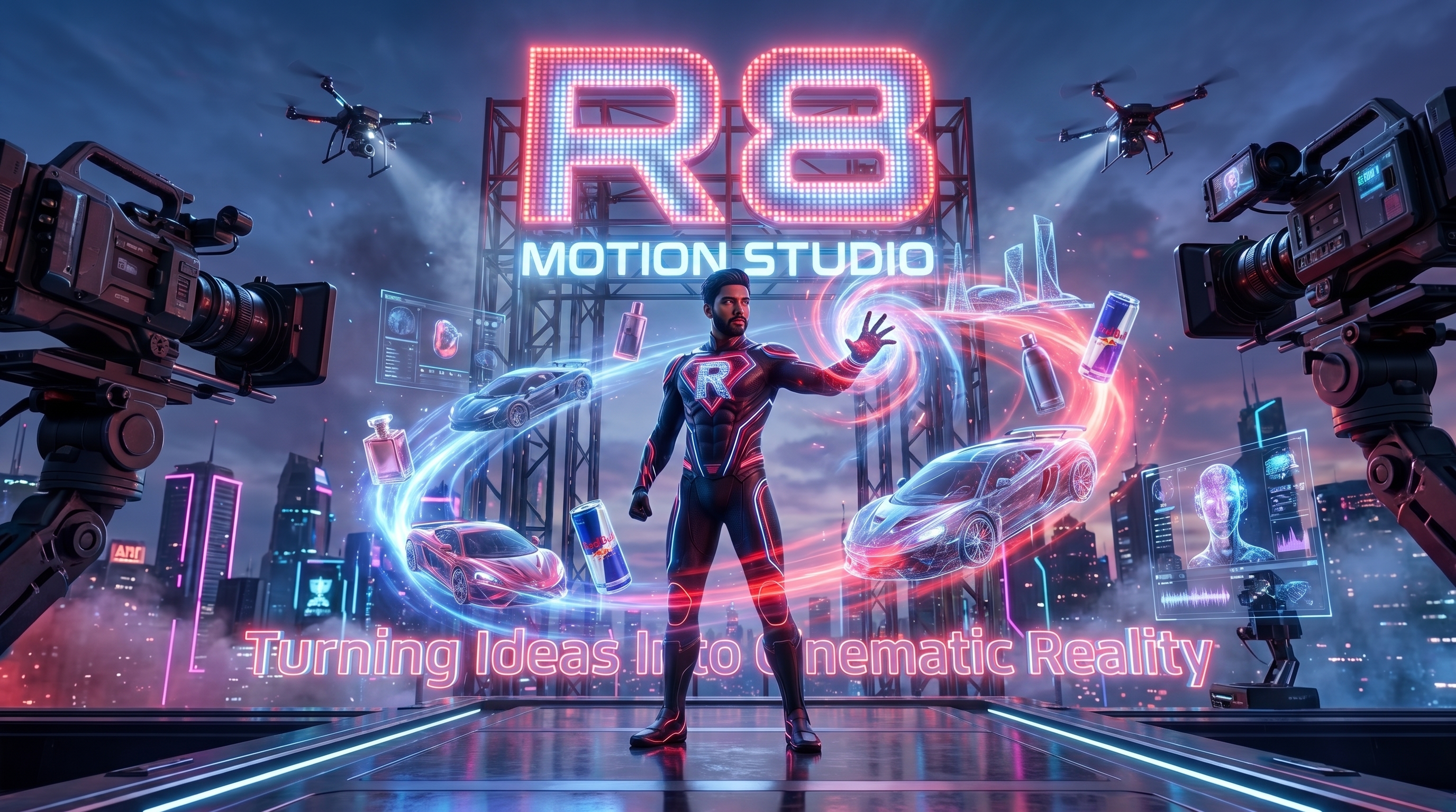 R8 Motion Studio key art — a hero figure conjuring cars, drinks and fragrance around a neon R8 billboard reading "Turning Ideas Into Cinematic Reality"